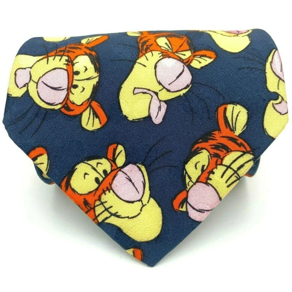 The Disney Store Tie Navy Blue Tiger Faces 100% Silk Hand Made in Korea Necktie